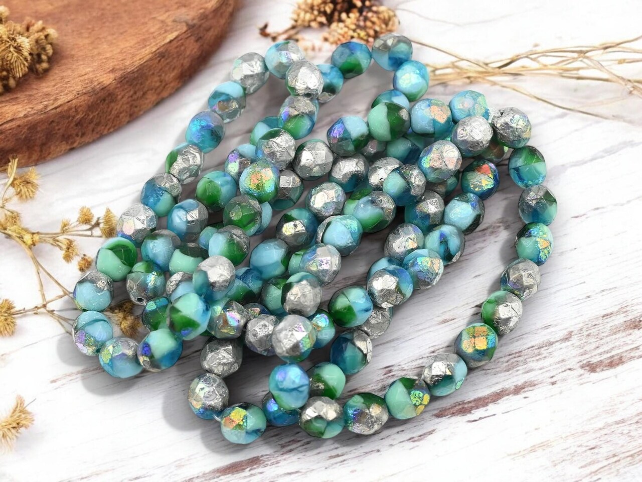 *20* 8mm Etched Silver AB Washed Blended Pacific Blue Turquoise Fire Polished Round Beads